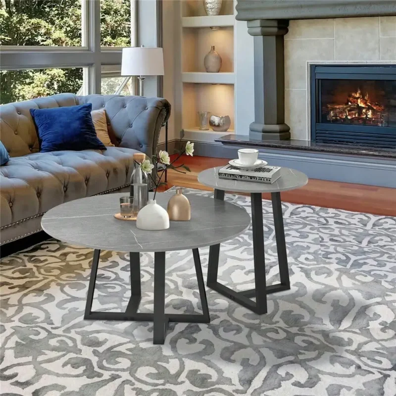 Round Marble Top Nesting Coffee Tables Set with Carbon Steel Base Mid-Century Modern Design - Image 4