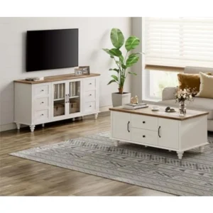 Rustic Wood Entertainment Center & Coffee Table Set with Storage for Living Room