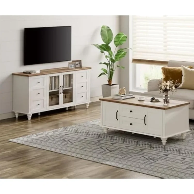Rustic Wood Entertainment Center & Coffee Table Set with Storage for Living Room
