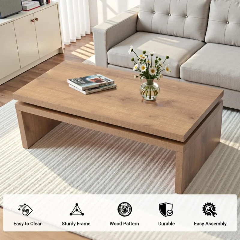 Rectangular Solid Firwood Mid-Century Modern Coffee Table with Natural Finish - Image 3