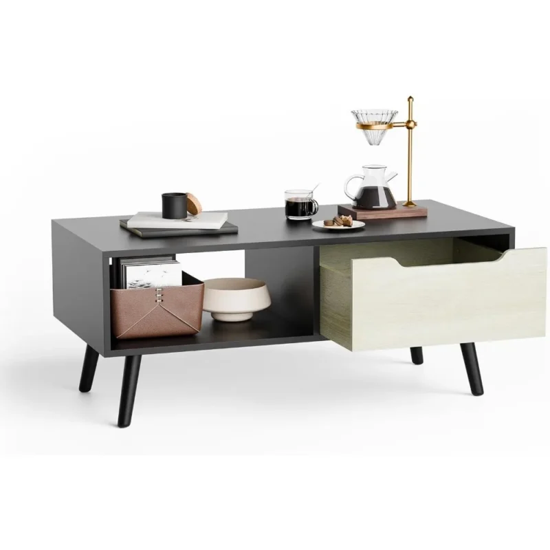Rectangular Walnut Wood Mid-Century Modern Coffee Table with Storage Shelf - Image 2
