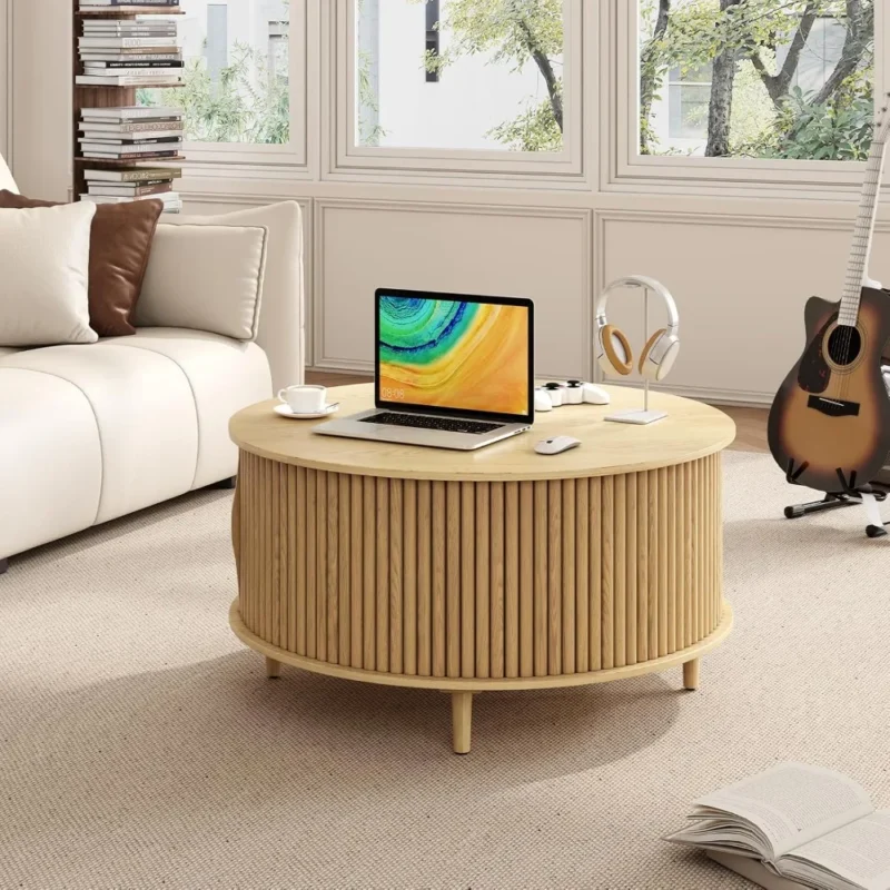 Round Oak Engineered Wood Mid-Century Modern Coffee Table with Storage Cabinet - Image 6
