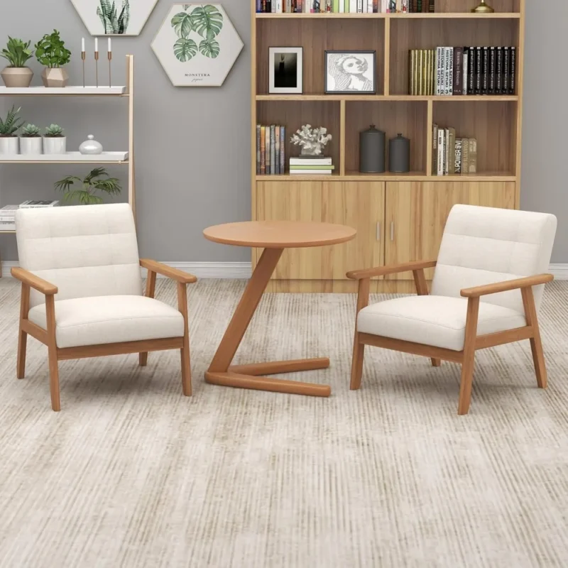 Square Beige Upholstered Mid-Century Modern Accent Chairs with Wood Frame Side Table Set - Image 2