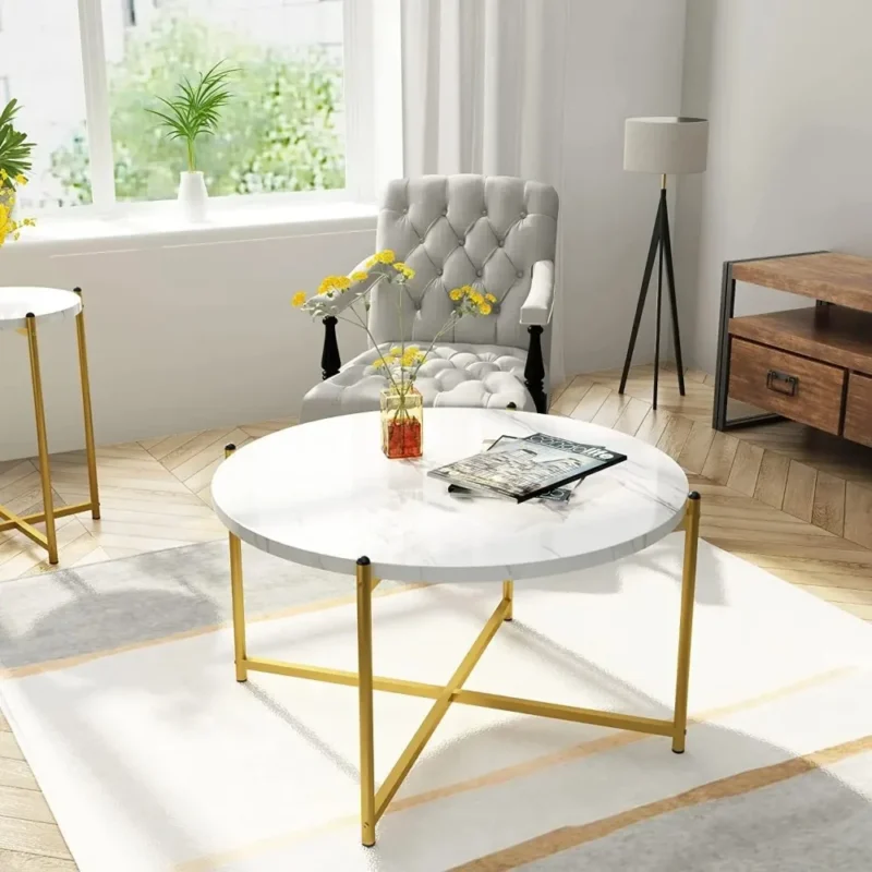 Round Faux Marble 3-Piece Mid-Century Modern Coffee Table Set with Metal Frame - Image 6