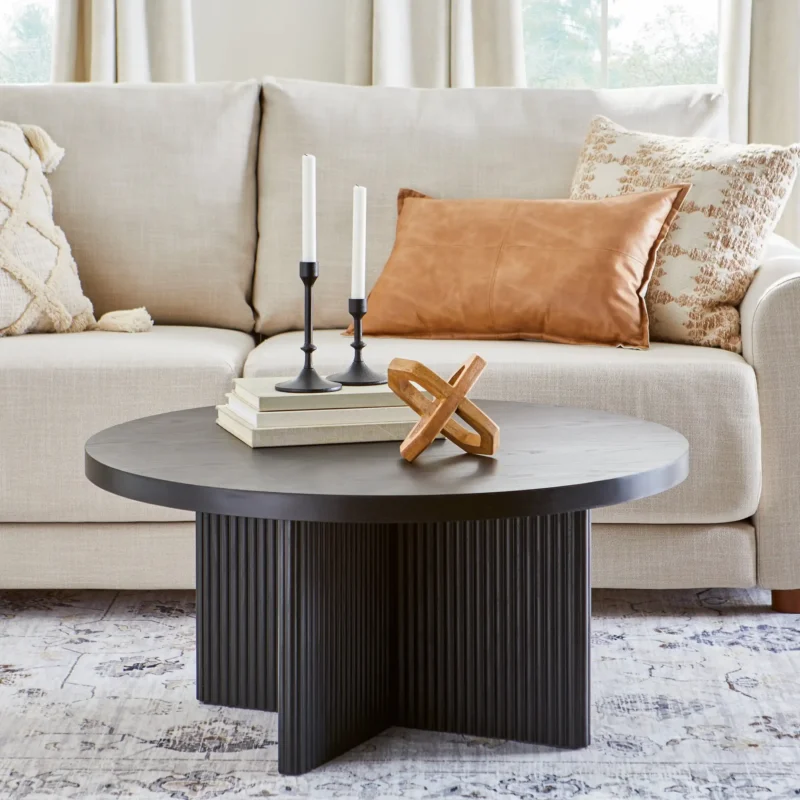 Round Fluted Pine Wood Mid-Century Modern Coffee Table with Art Deco Influence - Image 7