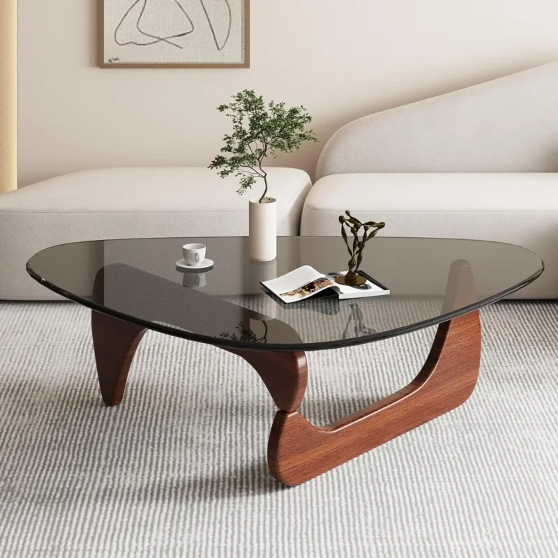 Triangular Tempered Glass Mid-Century Modern Coffee Table with Wooden Base - Image 8