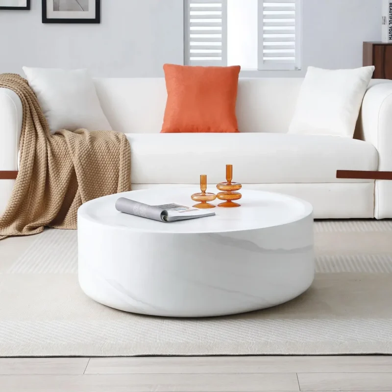 Round Faux Travertine Mid-Century Modern Coffee Table with Fiberglass Base - Image 9