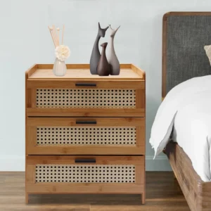 Tall Bamboo 3-Drawer Mid-Century Modern Nightstand Bedside Table