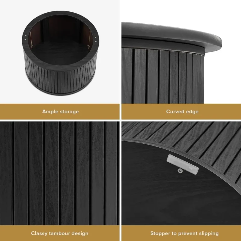 Round Black Wood Mid-Century Modern Storage Coffee Table with Tambour Door - Image 4