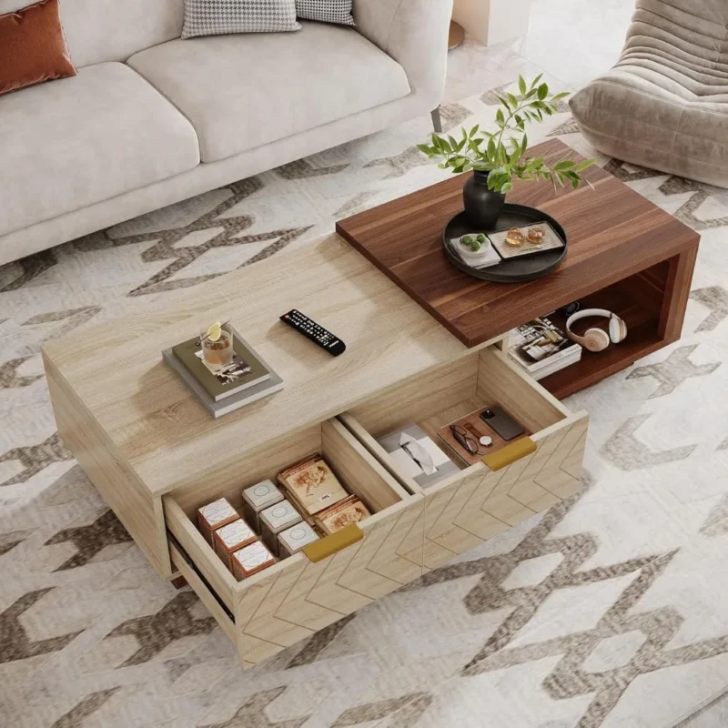 Rectangular Walnut Oak Wood Extendable Coffee Table with Storage Drawers - Image 4