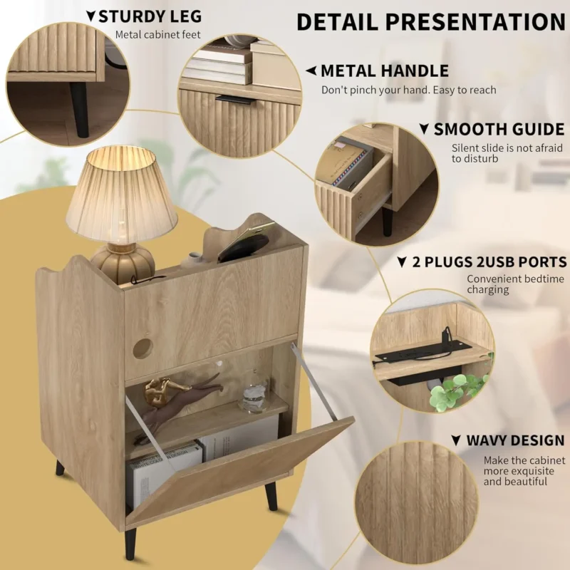 Fluted Wood Nightstand with Charging Station and Storage Drawer - Image 4