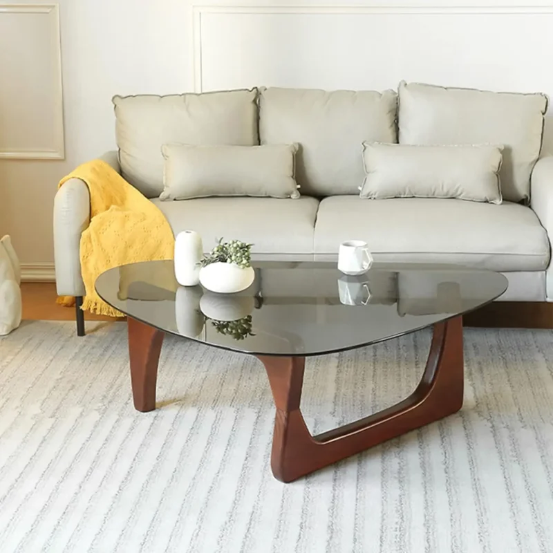 Triangular Tempered Glass Mid-Century Modern Coffee Table with Wooden Base - Image 11