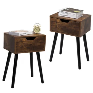 Set of 2 Wood Drawer Side Tables Mid-Century Modern Nightstands Rustic Brown