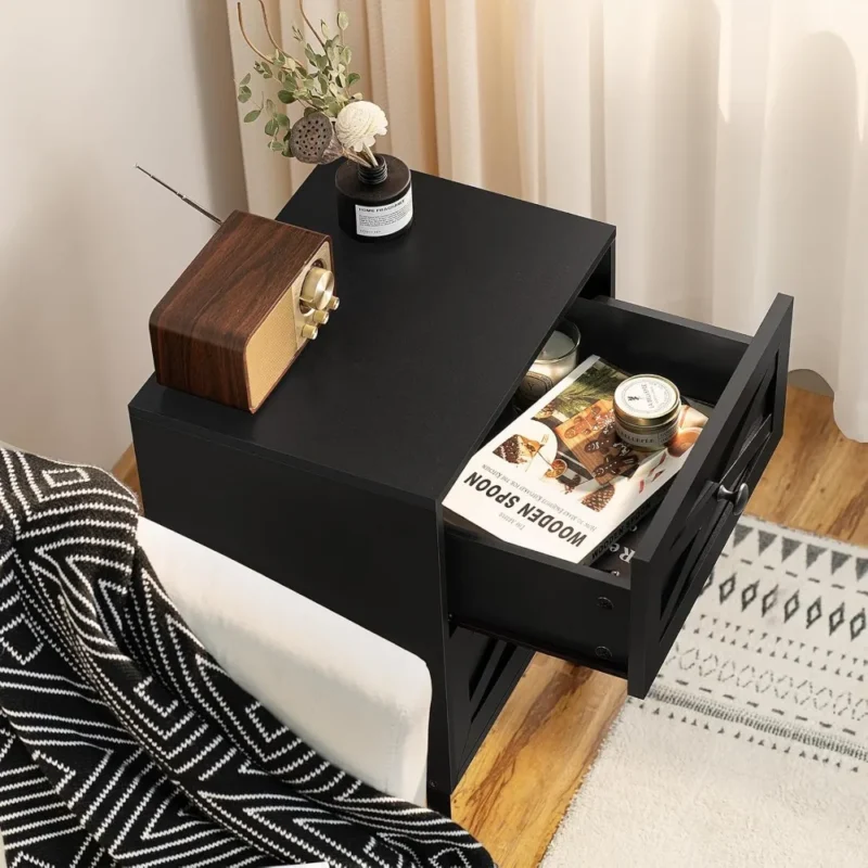 Black Two-Drawer Barn Door Mid-Century Modern Nightstand with Storage - Image 2