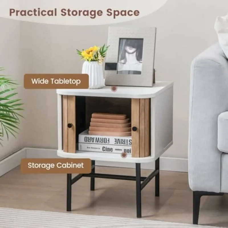 Modern Wood Nightstand Set of 2 Mid-Century Bedside Tables with Sliding Doors - Image 5