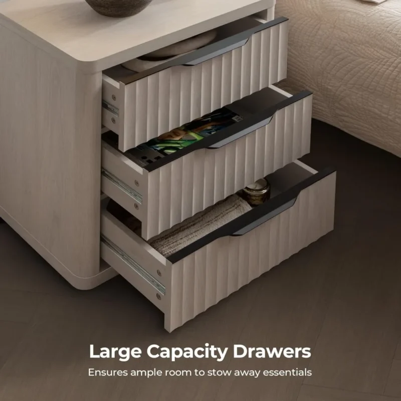 Rectangular Fluted Wood Modern Mid-Century Nightstand with 3 Storage Drawers - Image 5