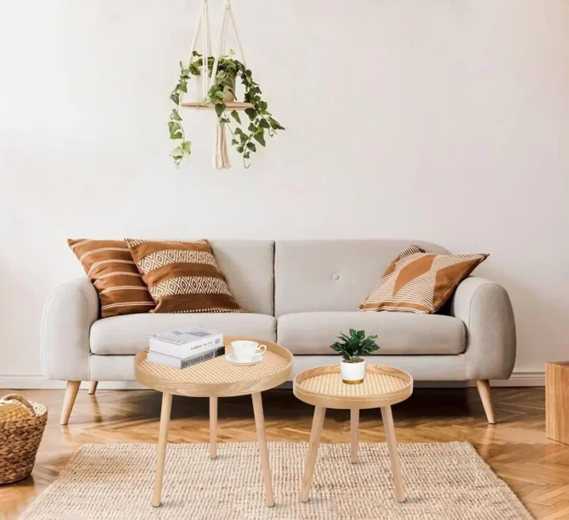 Round Rattan Nesting Coffee Tables Set of 2 Mid-Century Modern Side End Tables - Image 6