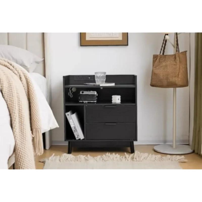 Black Mid-Century Modern Nightstands Set of 2 with LED Charging Station & Drawers - Image 2