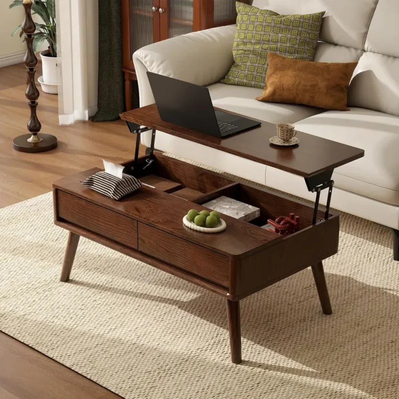 Rectangular Solid Oak Lift Top Mid-Century Modern Coffee Table with Storage