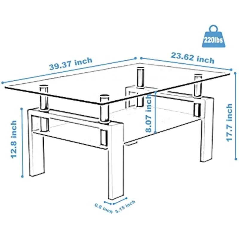 Rectangular Glass Two-Tier Mid-Century Modern Coffee Table with Metal Legs - Image 2