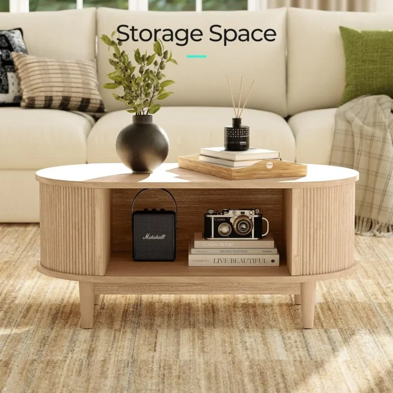 Oval Engineered Wood Mid-Century Modern Coffee Table with Storage Tambour Door - Image 4