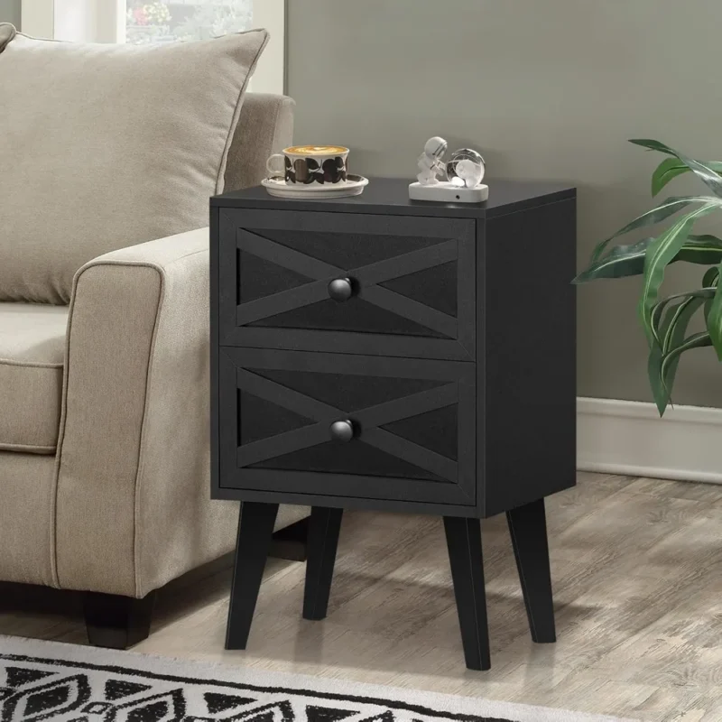 Black Two-Drawer Barn Door Mid-Century Modern Nightstand with Storage - Image 6