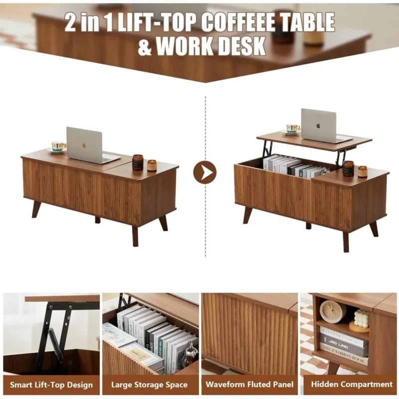 Rectangular Fluted Wood Lift Top Coffee Table with Hidden Storage Compartment - Image 4