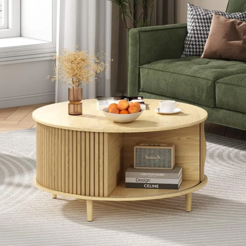 Round Oak Engineered Wood Mid-Century Modern Coffee Table with Storage Cabinet - Image 5
