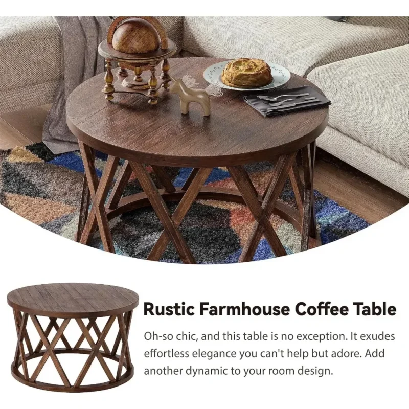 Round Engineered Wood Coffee Table with X-Motif Legs for Rustic Modern Decor - Image 3