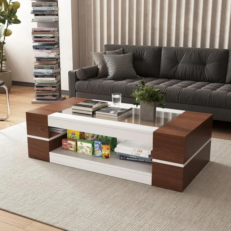 Rectangular Walnut Glass Top Mid-Century Modern Coffee Table with Storage Shelf - Image 5