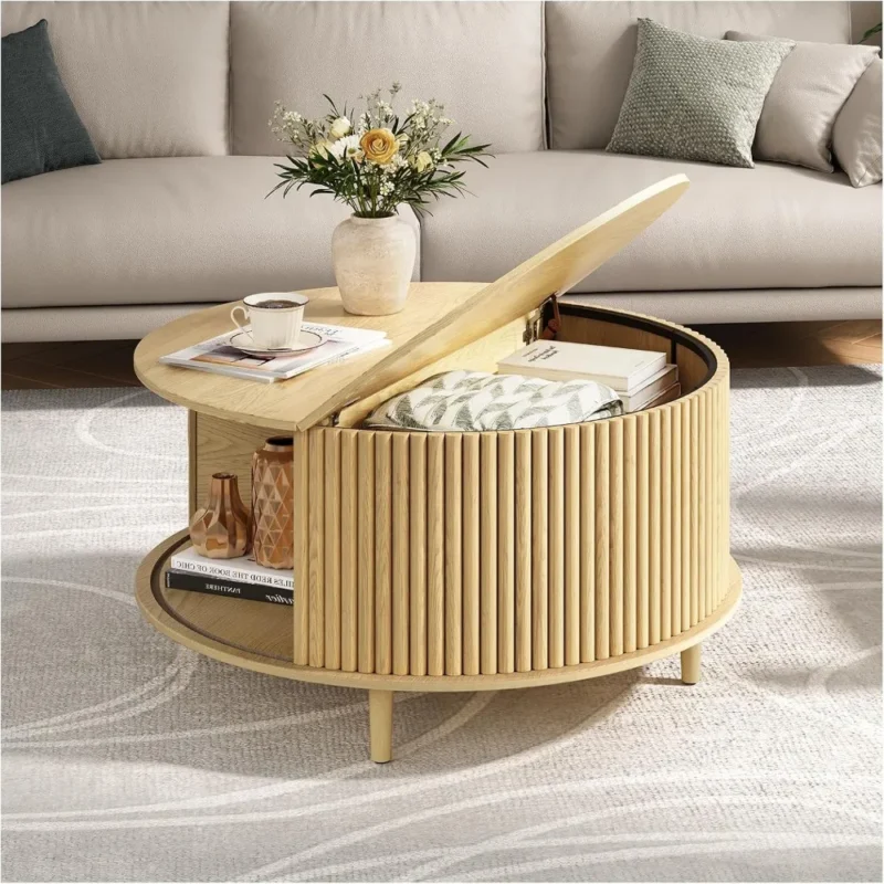 Round Oak Engineered Wood Mid-Century Modern Coffee Table with Storage Cabinet