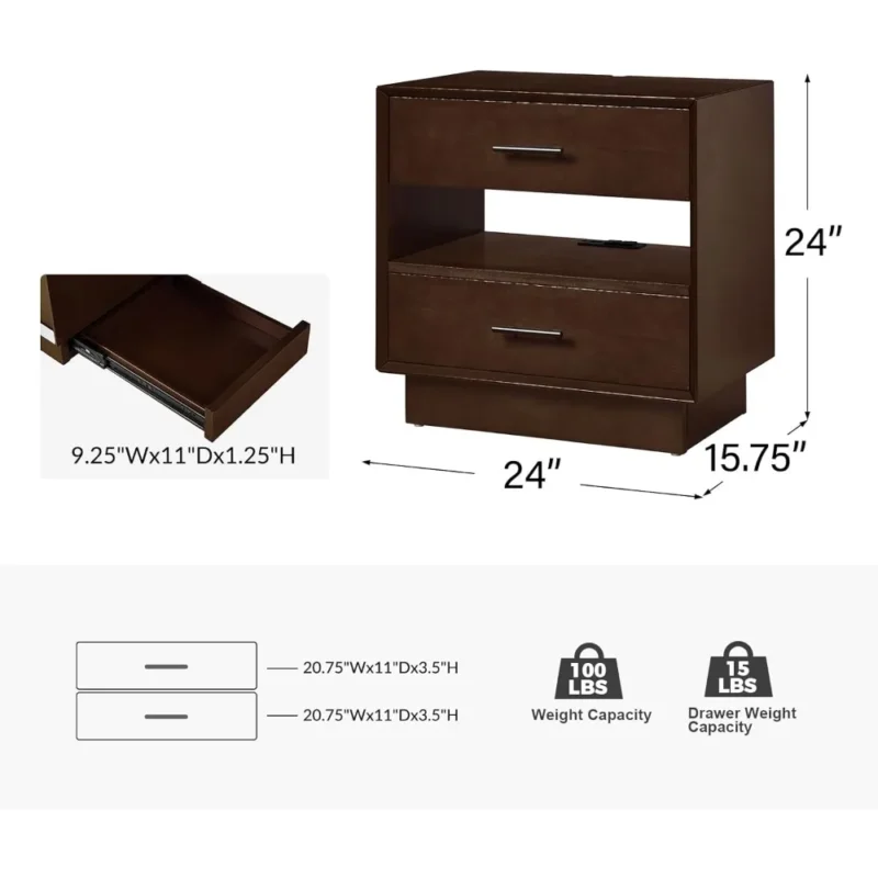 Walnut Wood Mid-Century Modern Nightstands with Charging Station and Hidden Storage - Image 2