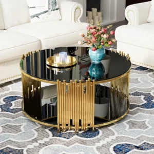 Round Black Glass Mid-Century Modern Coffee Table with Gold Metal Base