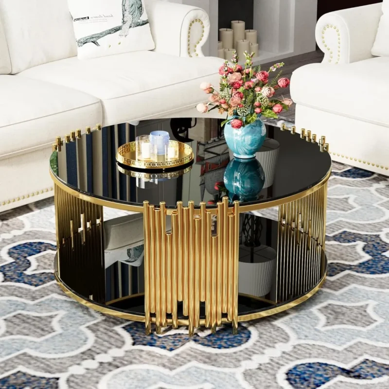 Round Black Glass Mid-Century Modern Coffee Table with Gold Metal Base