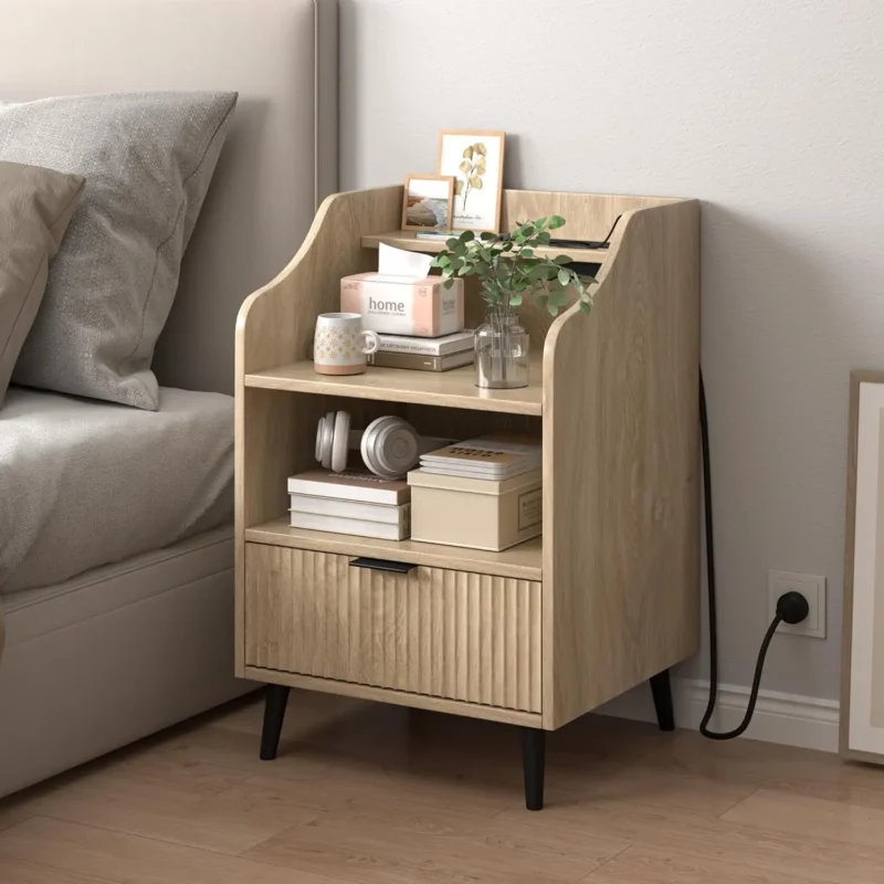 Fluted Wood Nightstand with Charging Station and Storage Drawer - Image 2