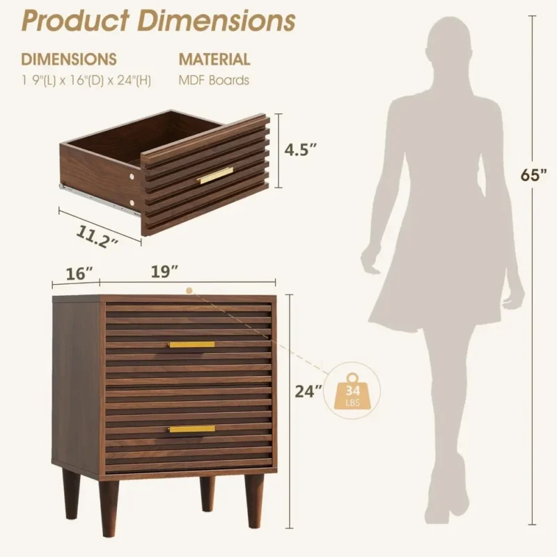 Walnut Wood Mid-Century Modern Nightstands Set of 2 with Storage Drawers - Image 3