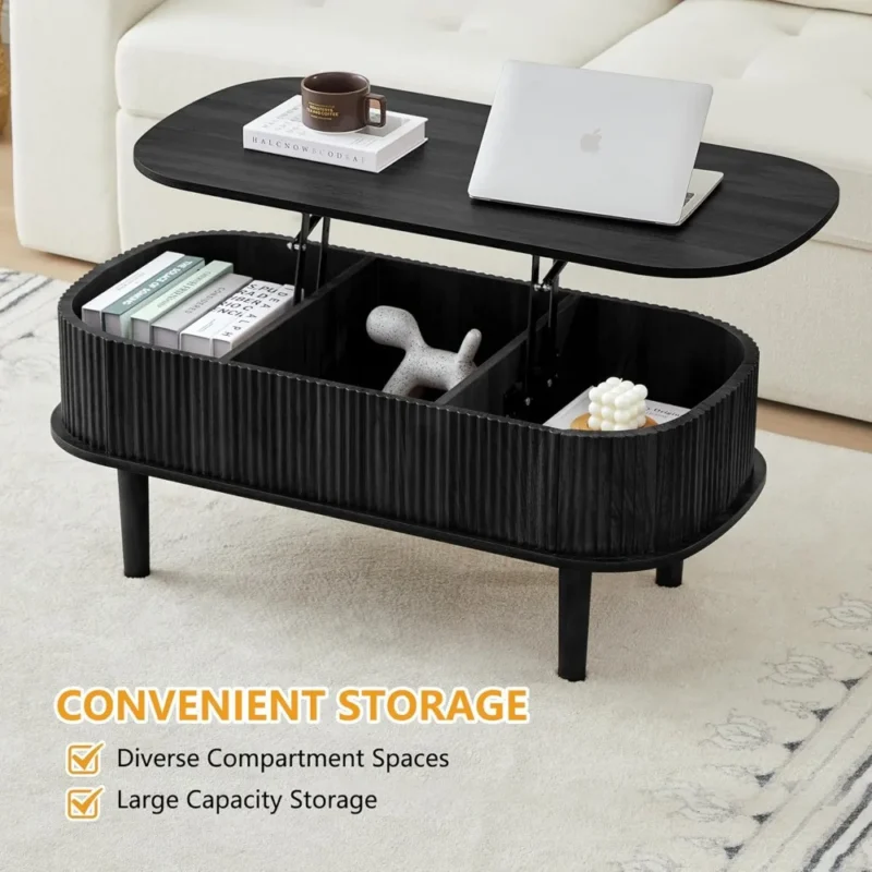 Oval Solid Wood Lift Top Mid-Century Modern Coffee Table with Hidden Storage - Image 5