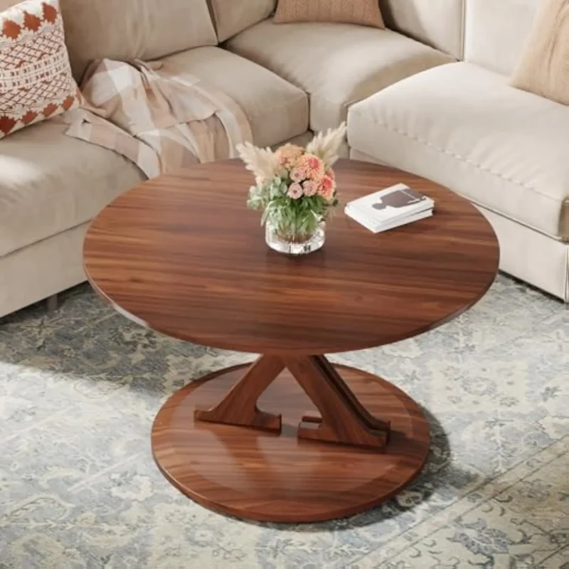 Round Walnut Wood Mid-Century Modern Coffee Table with X-Shaped Base - Image 4