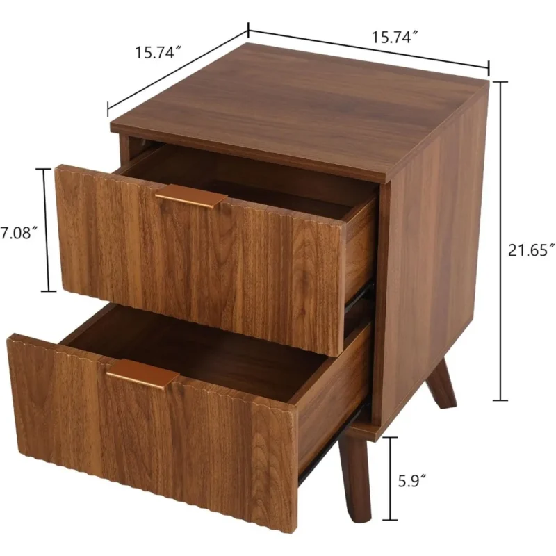 Fluted Walnut Rectangular Mid-Century Modern Nightstand Set with 2 Drawers - Image 3