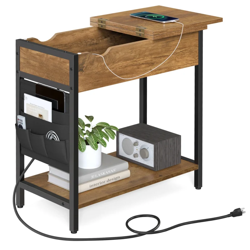 Modern Rectangular Wooden End Table with USB Charging Station and Storage Baskets - Image 7
