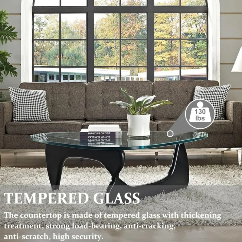 Triangular Glass Mid-Century Modern Coffee Table with Solid Wood Base - Image 3