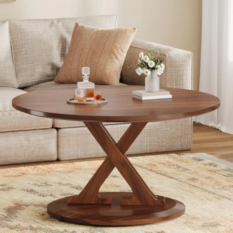 Round Walnut Wood Mid-Century Modern Coffee Table with X-Shaped Base - Image 3