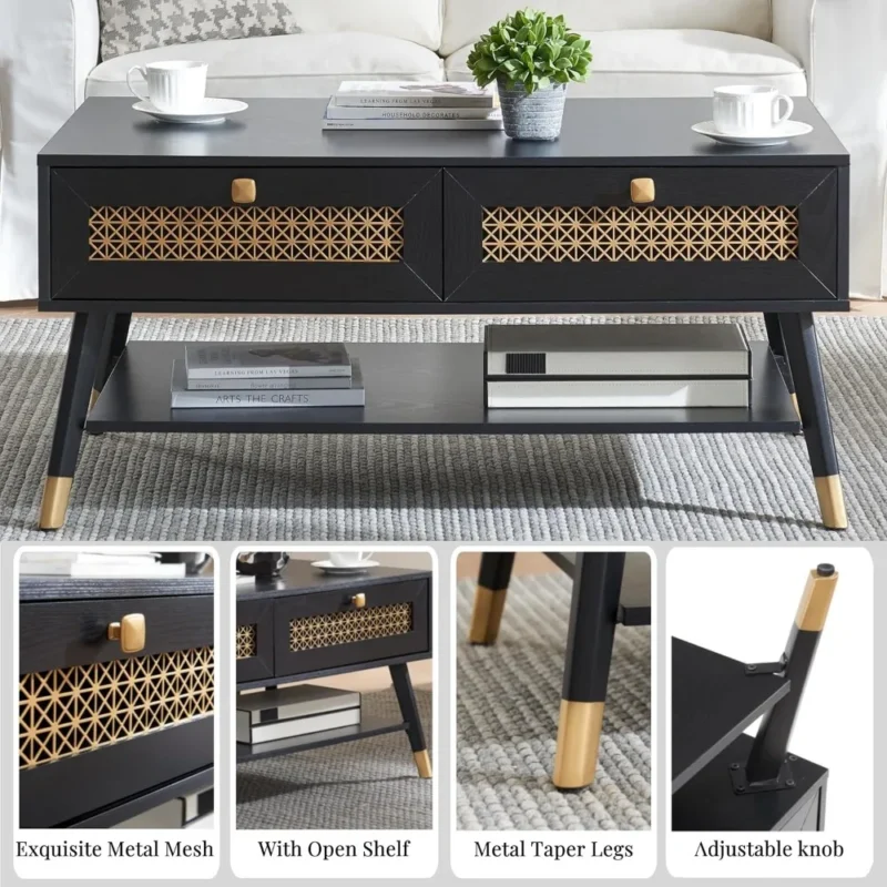 Rectangular Black Wood Mid-Century Modern Coffee Table with Storage Drawers - Image 3
