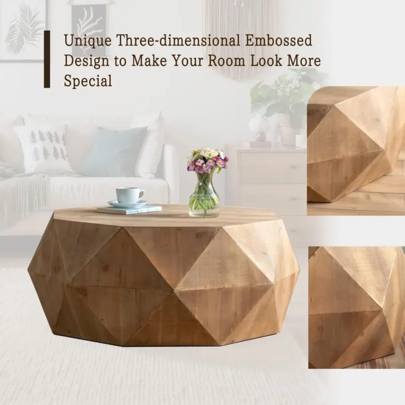 Round Wood Drum Coffee Table with Modern Farmhouse Style 38-inch - Image 3