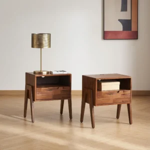 Walnut Solid Wood Mid-Century Modern Nightstand with Charging Station and Drawer