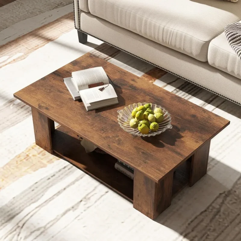 Rectangular Wood Mid-Century Modern Coffee Table with Two-Tier Storage - Image 5