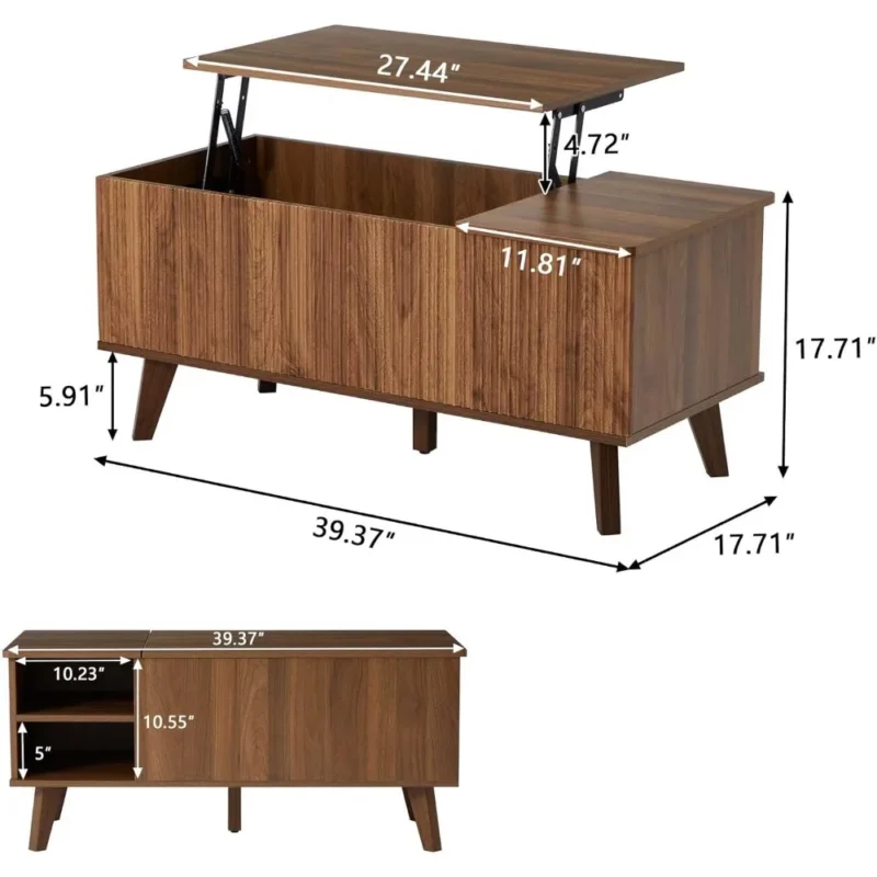 Rectangular Fluted Wood Lift Top Coffee Table with Hidden Storage Compartment - Image 2