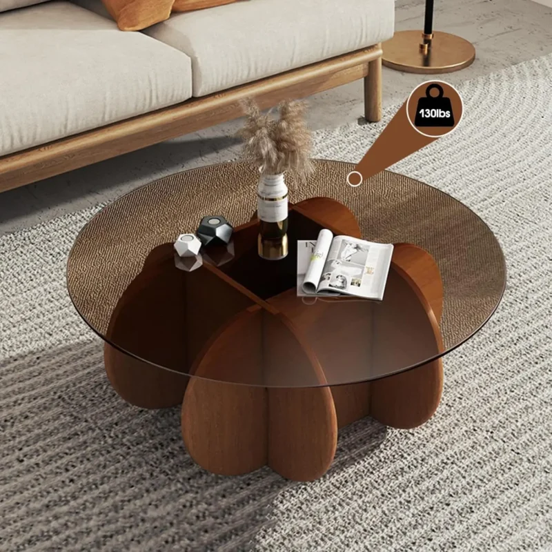 Round Glass Top Mid-Century Modern Coffee Table with Walnut Wood Legs - Image 5