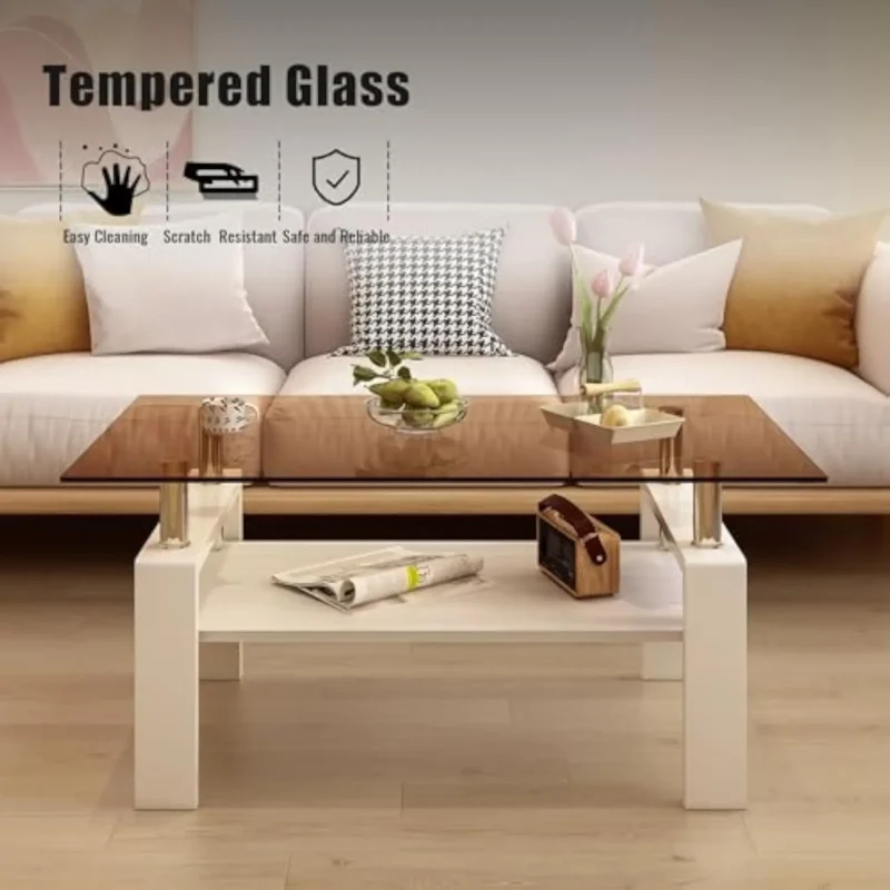 Rectangular Glass Top Mid-Century Modern Coffee Table with Wooden Shelf - Image 3