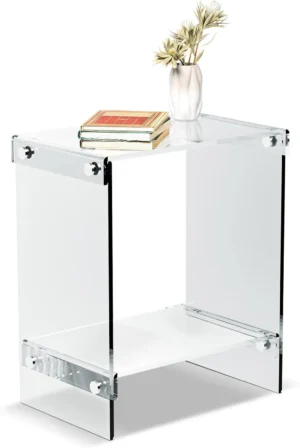 Transparent Square Lucite Side Table with Rounded Edges and Waterfall Design